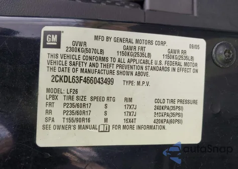 2006 Pontiac Torrent z USA, uszkodzony, nr VIN 2CKDL63F466043499